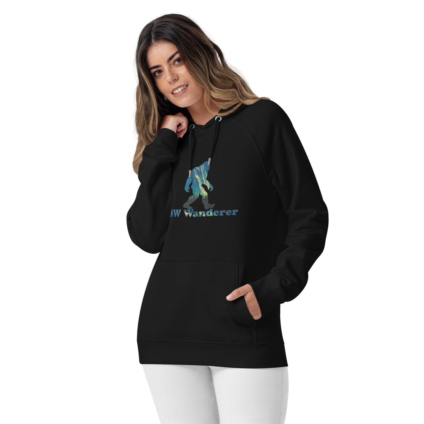 PNW Wanderer Sasquatch Unisex Eco Raglan Hoodie