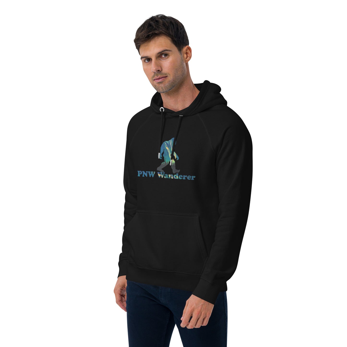 PNW Wanderer Sasquatch Unisex Eco Raglan Hoodie