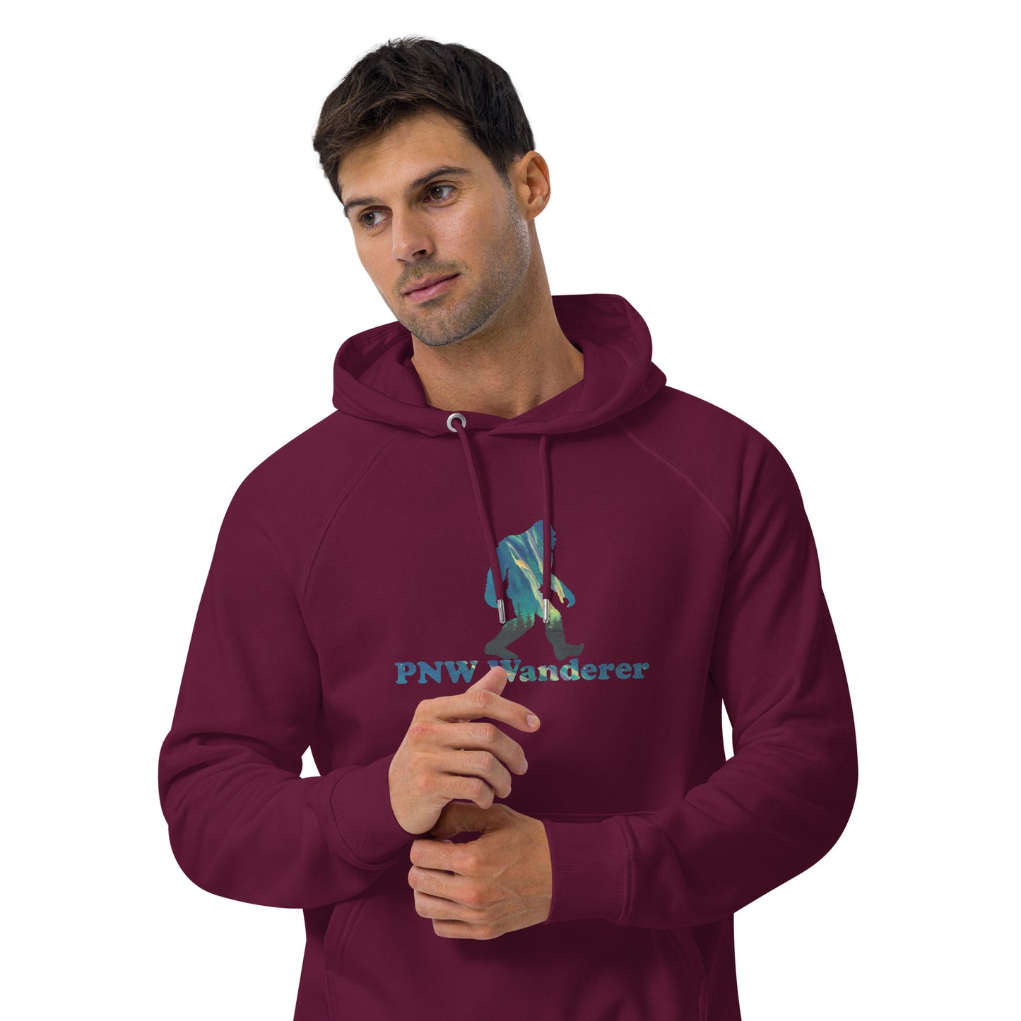 PNW Wanderer Sasquatch Unisex Eco Raglan Hoodie