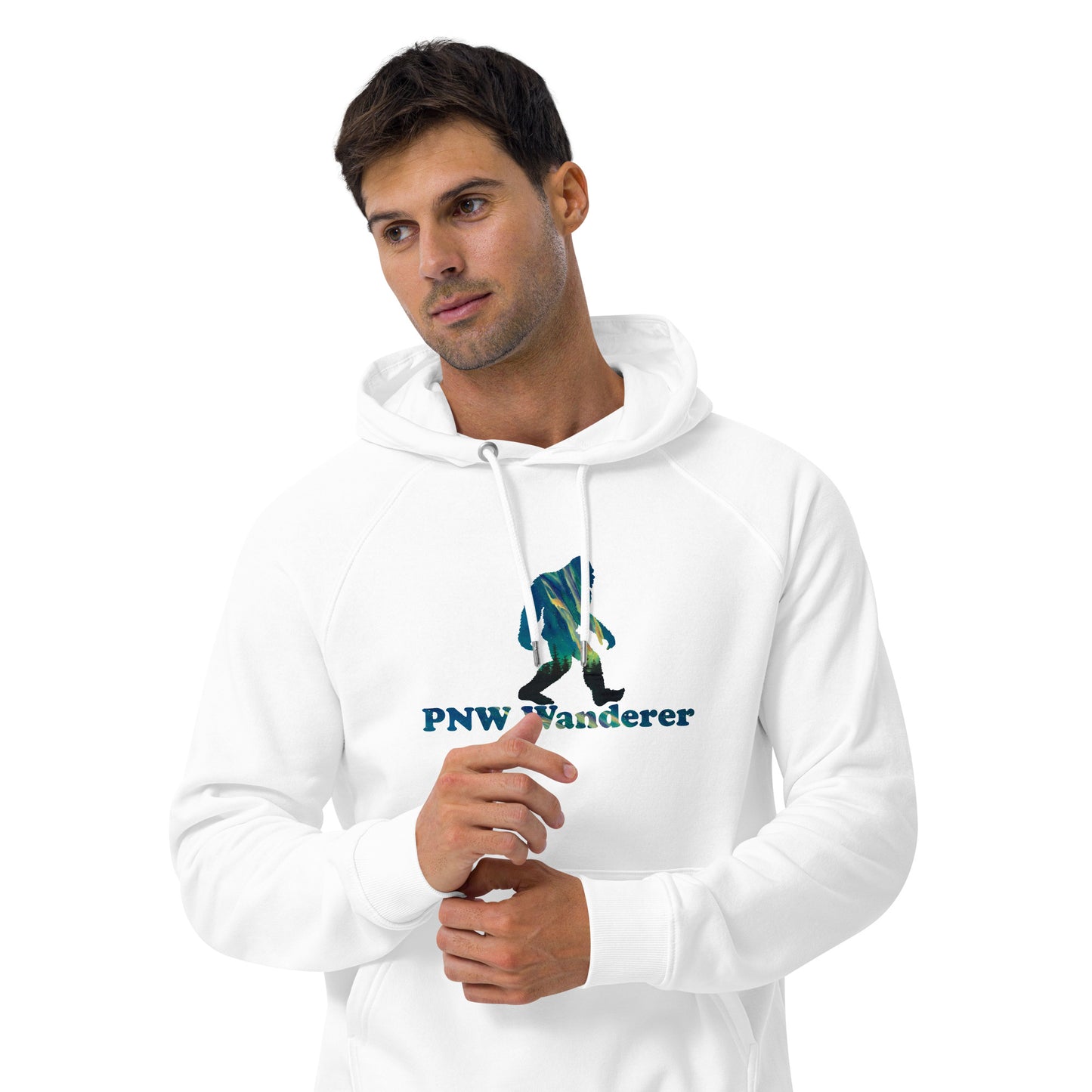 PNW Wanderer Sasquatch Unisex Eco Raglan Hoodie