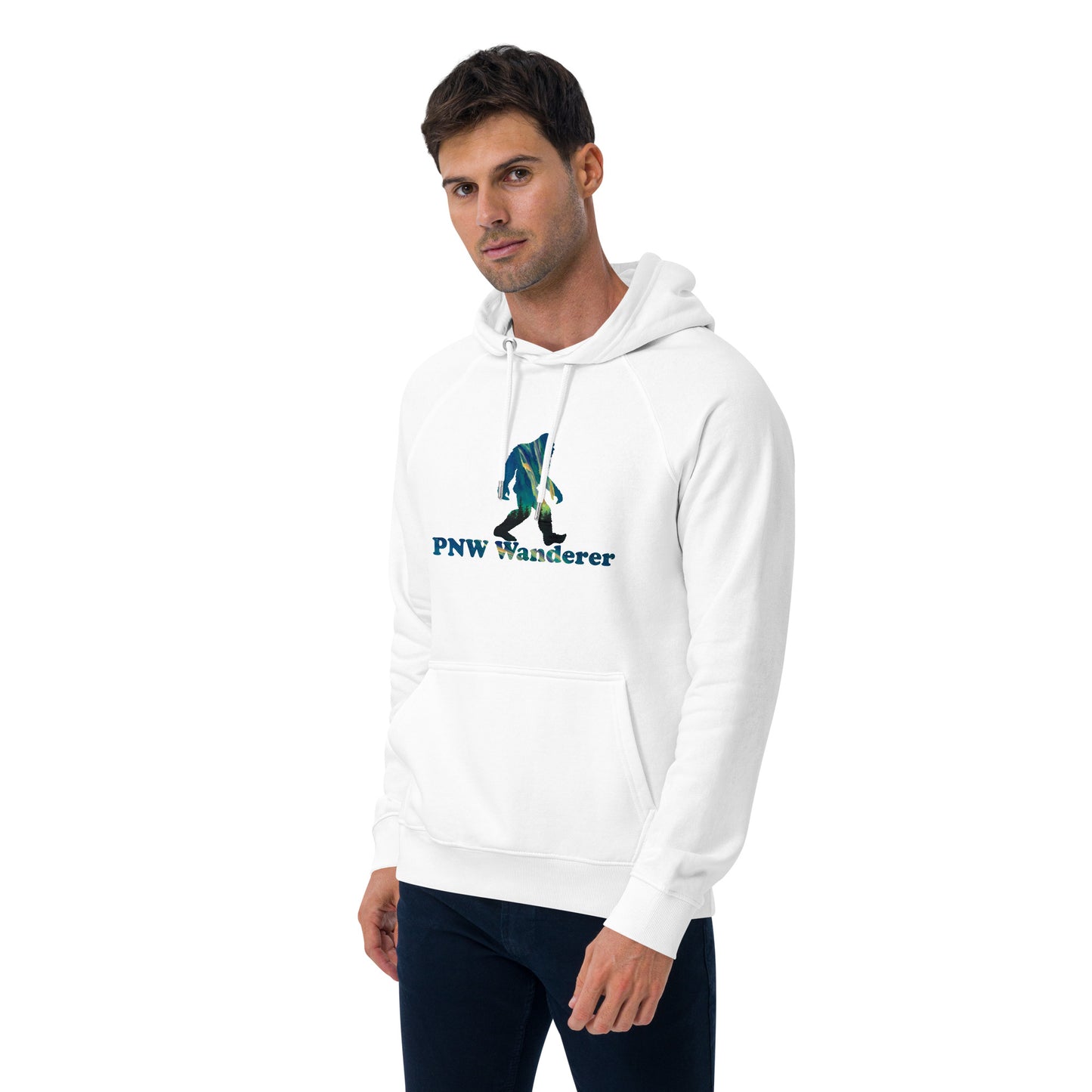 PNW Wanderer Sasquatch Unisex Eco Raglan Hoodie